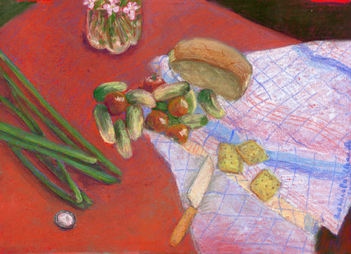 04.	Натюрморт с хлебом и овощами. 2006. Бумага, пастель. ПРОДАНА